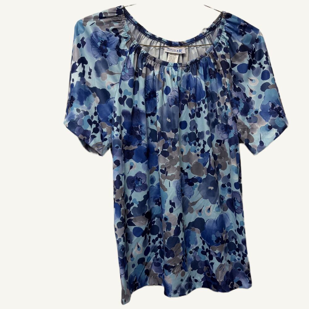 Blair Blue Floral Neck Blouse, Large, 100% Polyester, Elastic Collar Trim